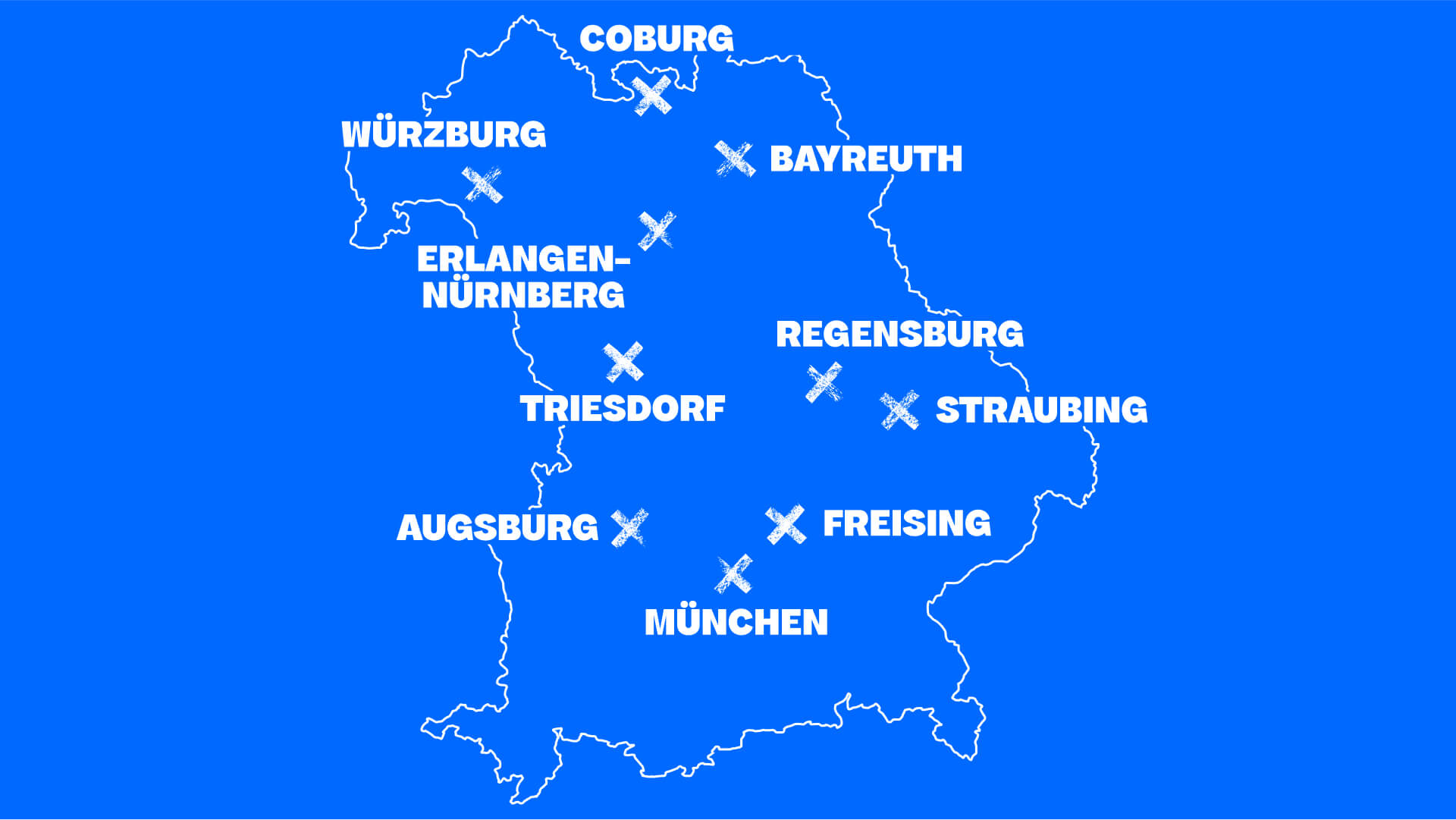 Auf einer Bayernkarte sind die Orte Coburg, Würzburg, Bayreuth, Erlangen-Nürnberg, Regensburg, Triesdorf, Straubing, Augsburg, Freising und München markiert