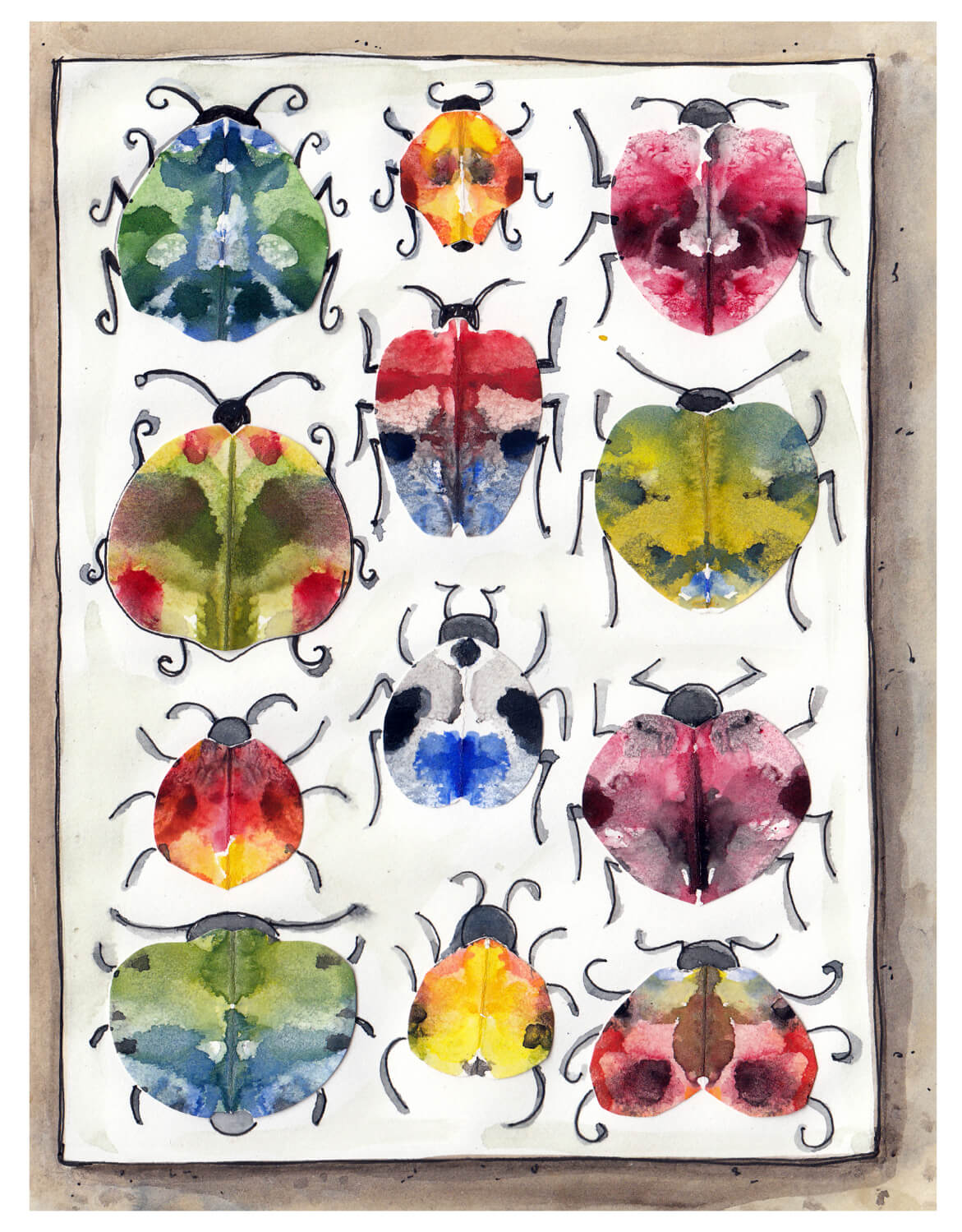 Eingefärbe Käfer-Zeichnungen auf Papier